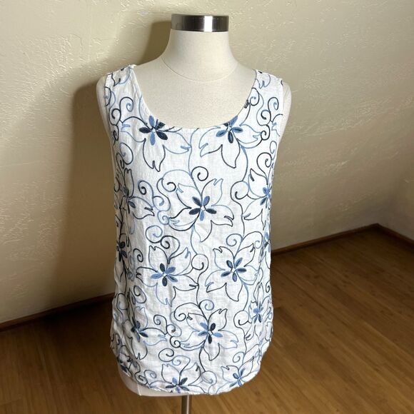 Luca Vanucci Top Womens Small Linen White Blue Floral Stitching Sleeveless - Picture 8 of 8
